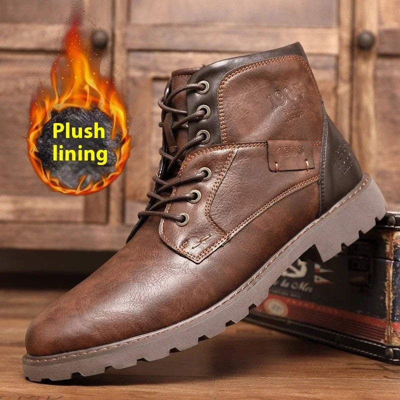 Brown leather men's boot with plush lining text and flame graphic highlighting warmth