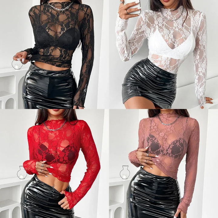 Four lace long sleeve crop tops in black, white, red, and mauve paired with black vinyl skirts