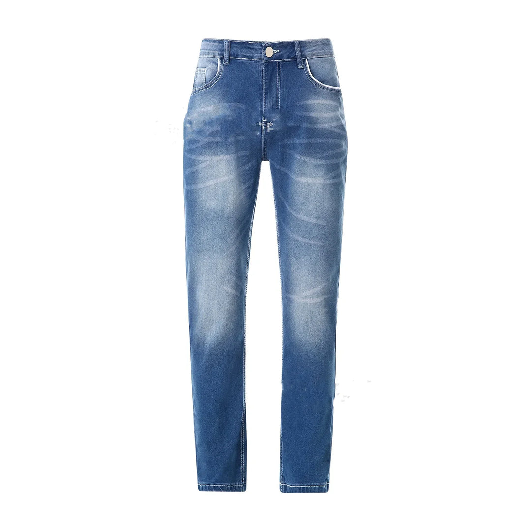 Faded blue denim jeans with front pockets and button closure on white background