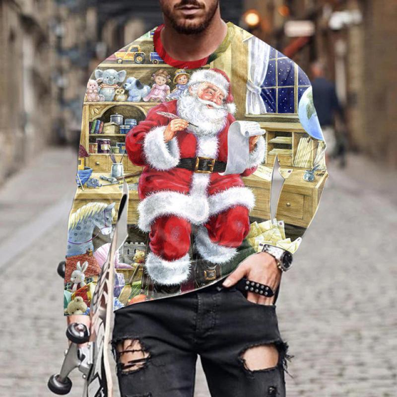Man wearing Christmas sweater featuring Santa checking toy list in workshop with teddy bears and toys