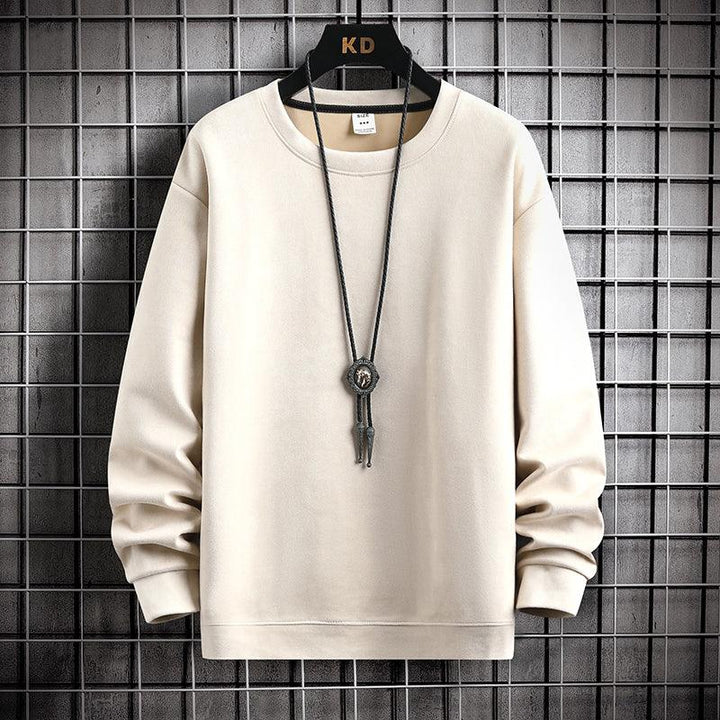 Beige long-sleeve crewneck sweatshirt on black hanger with KD logo, displayed on metal grid wall with black bolo tie necklace