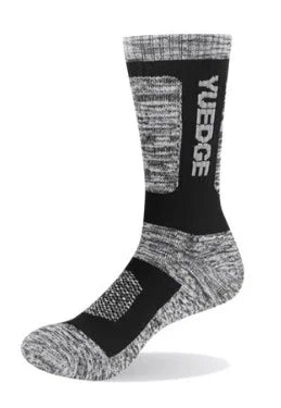 Black and gray Yubedge branded athletic sock with cushioned sole and reinforced heel