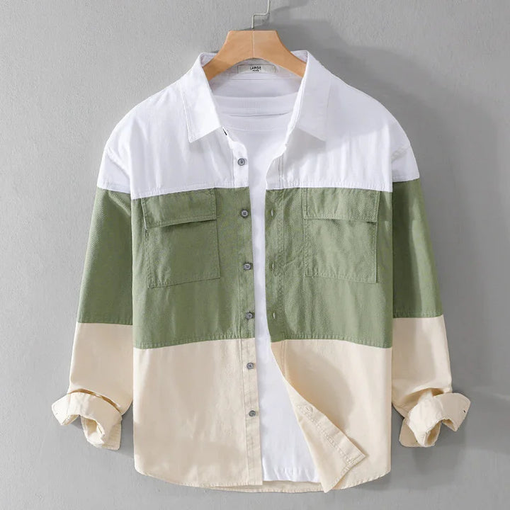Men's casual long sleeve shirt with white, green, and beige color blocks on wooden hanger