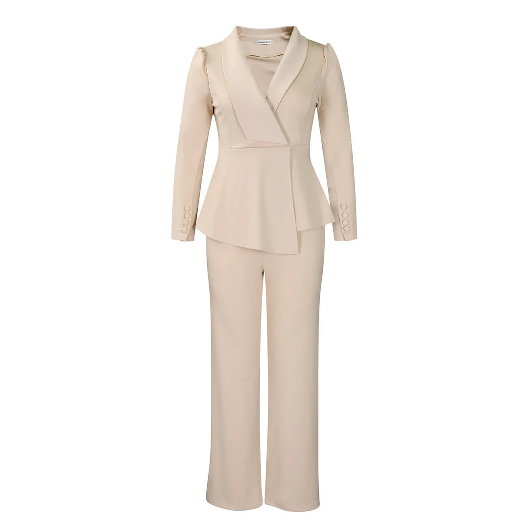 Beige women’s tailored pantsuit with structured blazer and wide-leg trousers