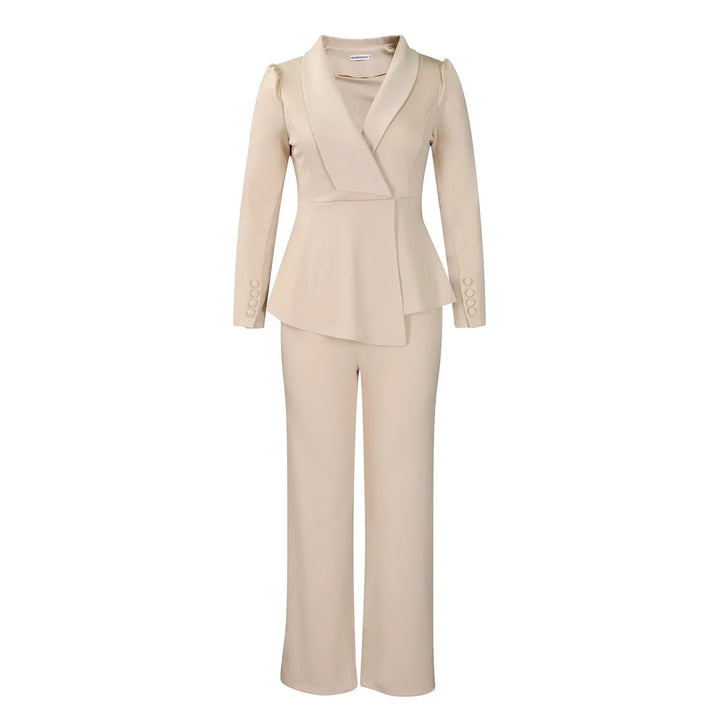 Beige women’s tailored pantsuit with structured blazer and wide-leg trousers