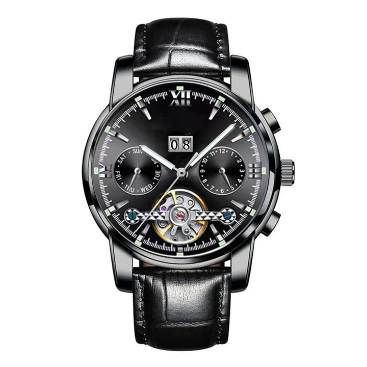 Black leather strap wristwatch with black dial, day and 24-hour subdials, date window, and visible mechanical movement