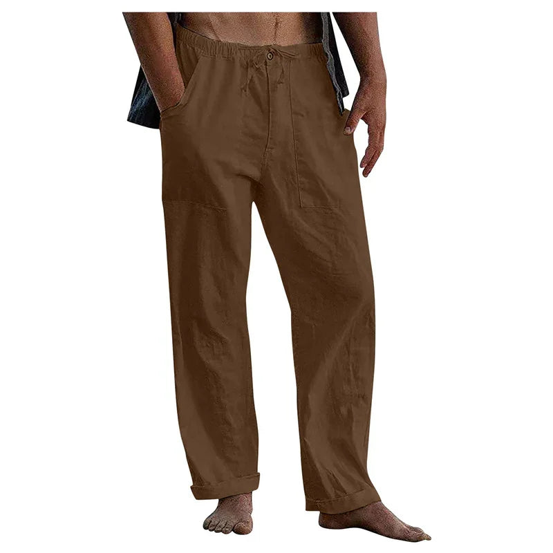 Men's loose fit brown casual pants with elastic waistband and front pockets