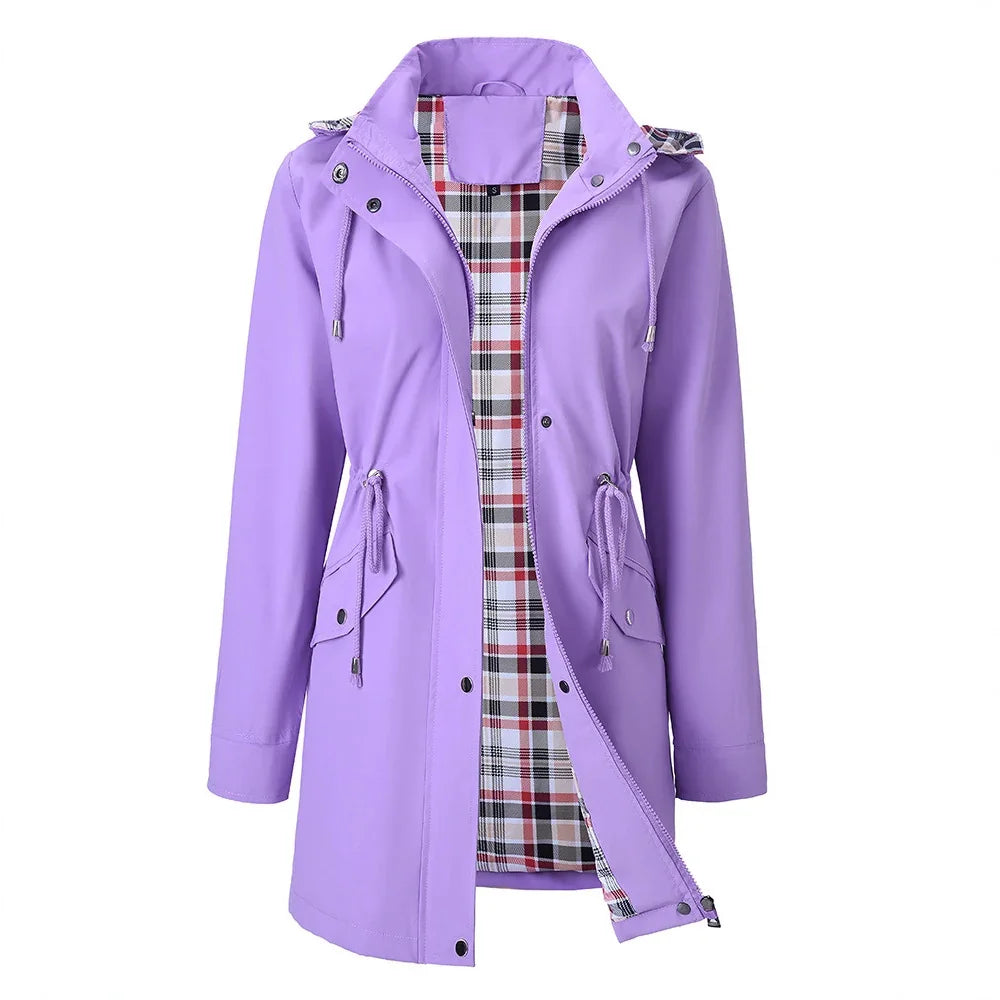 Lilac women's raincoat jacket with hood and plaid inner lining, adjustable drawstring waist, front pockets