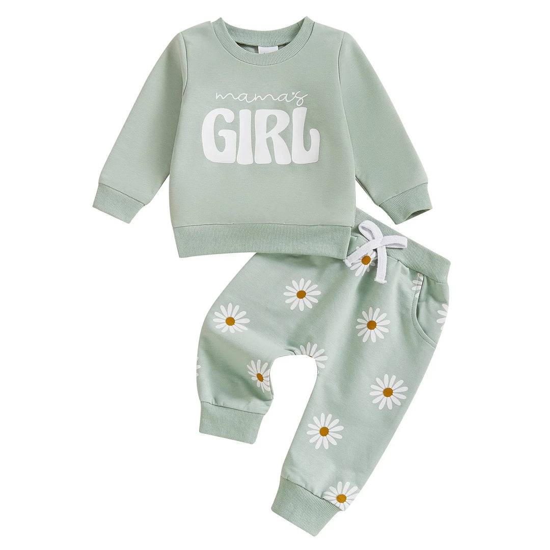 Mint green baby girl outfit with 'mama's GIRL' text sweatshirt and daisy print pants