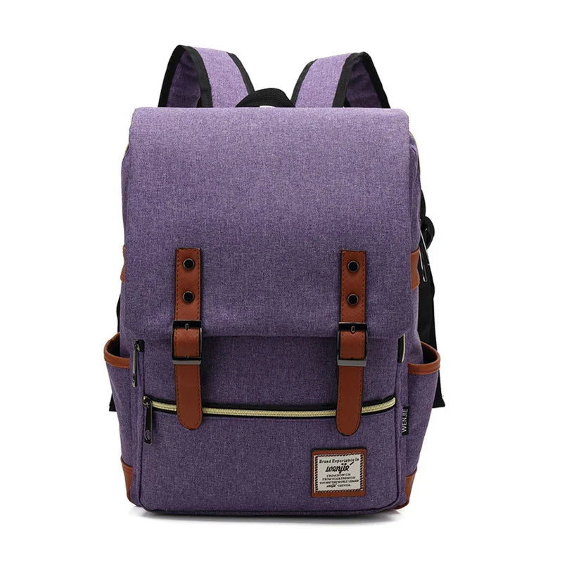 Purple fabric backpack with brown leather straps, front zipper pocket, and side pockets