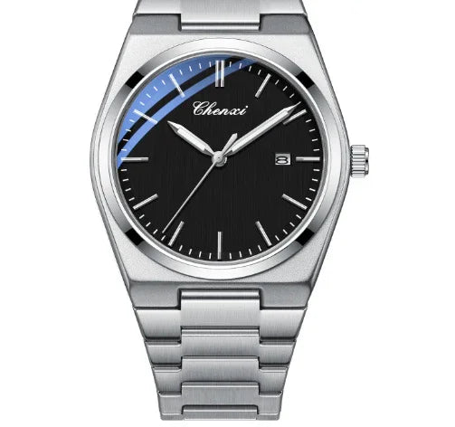 Chenxi men's silver stainless steel watch with black dial and date display