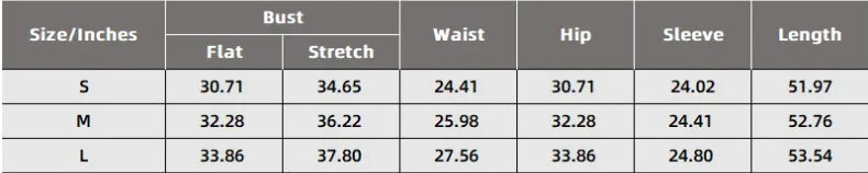 Clothing size chart in inches showing bust, waist, hip, sleeve, and length measurements for sizes S, M, and L