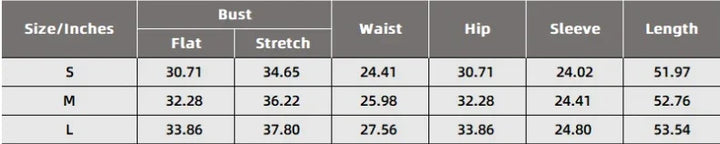 Clothing size chart in inches showing bust, waist, hip, sleeve, and length measurements for sizes S, M, and L