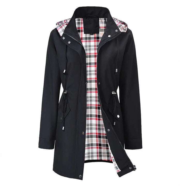 Black women's hooded raincoat with red and white plaid inner lining, front zipper and button closures