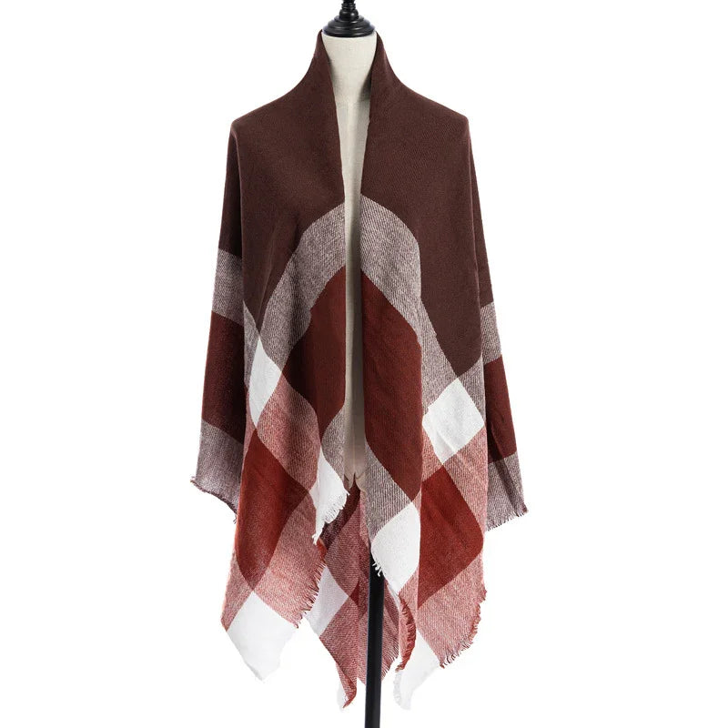 brown and white plaid shawl with fringe on mannequin against white background
