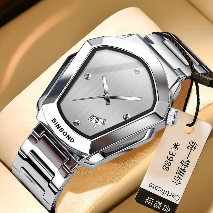 Silver BINBOND men's wristwatch with unique pentagon-shaped face and metal band, date display