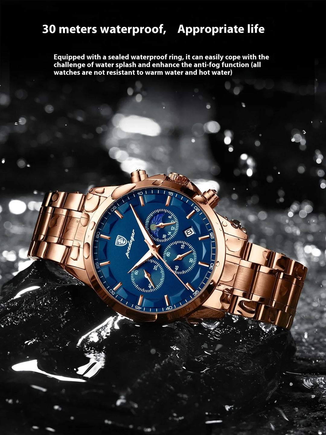Rose gold waterproof wristwatch with blue dial, multiple sub-dials, and date display on wet black surface