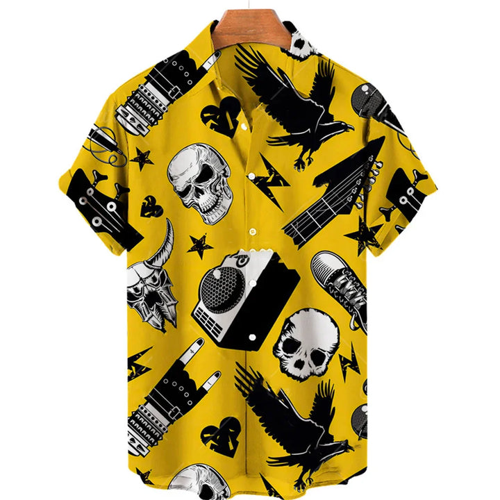 Yellow short-sleeve button-up shirt with rock music skull, crow, guitar, speaker, and metal hand prints