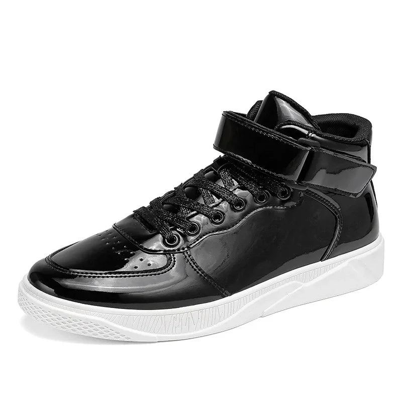 Black patent leather high-top sneaker with black laces and white rubber sole