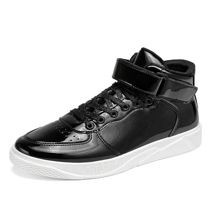 Black patent leather high-top sneaker with black laces and white rubber sole
