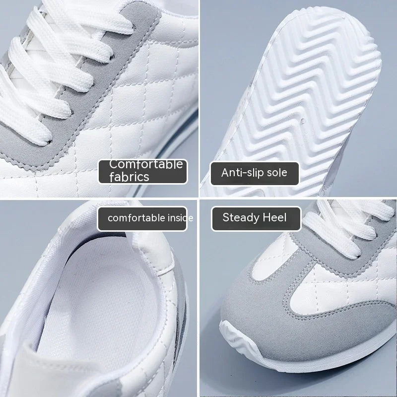 Close-up details of white sneakers with gray accents showing comfortable fabric, anti-slip sole, cushioned inside, and steady heel