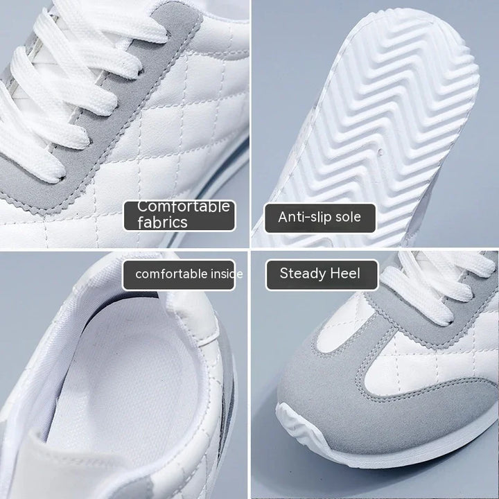 Close-up details of white sneakers with gray accents showing comfortable fabric, anti-slip sole, cushioned inside, and steady heel