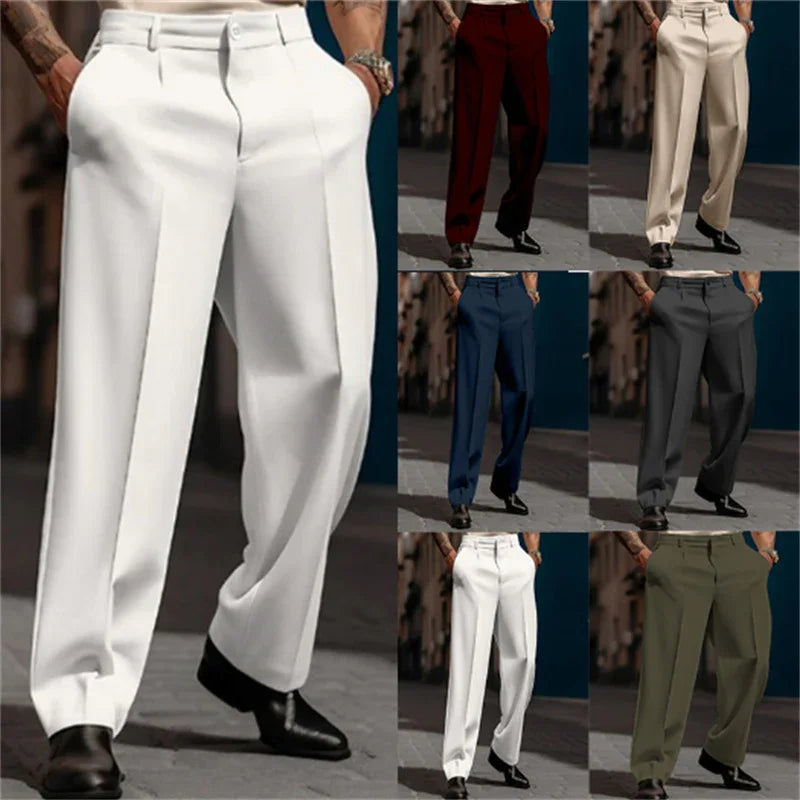Men's classic straight-fit formal pants in six colors: white, burgundy, beige, navy, gray, and olive green