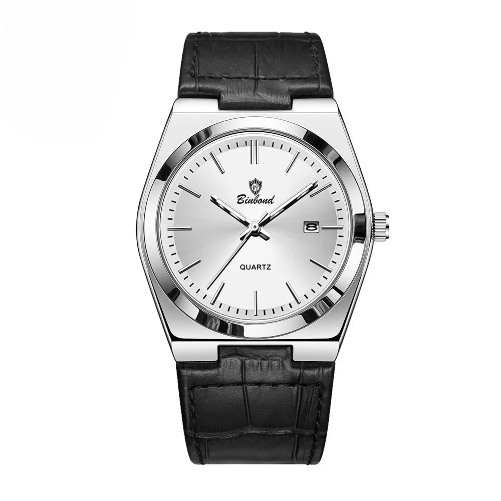 Silver dial men's quartz wristwatch with black leather strap and date window