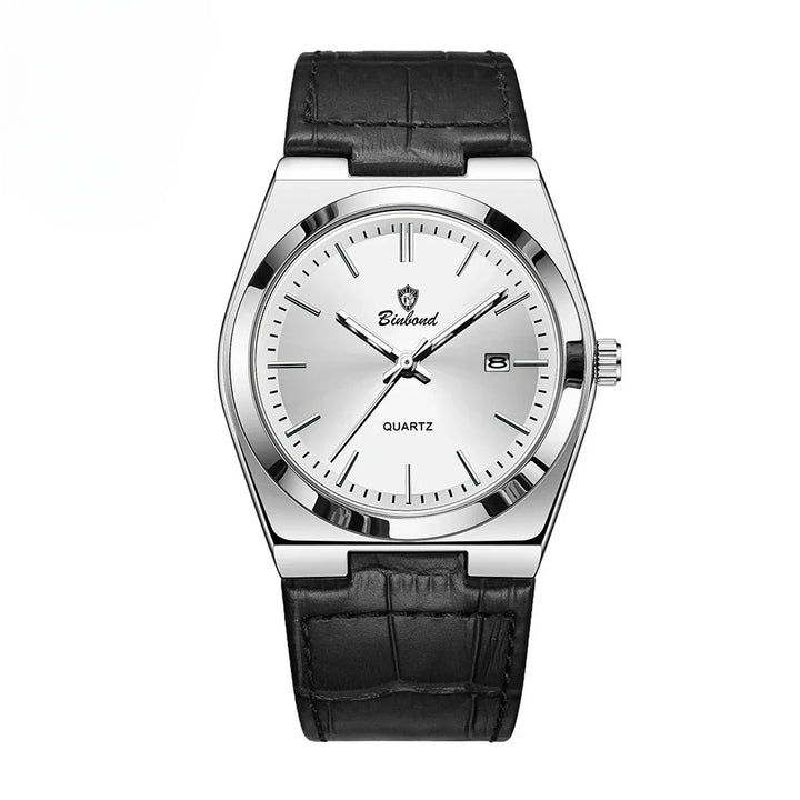 Silver dial men's quartz wristwatch with black leather strap and date window
