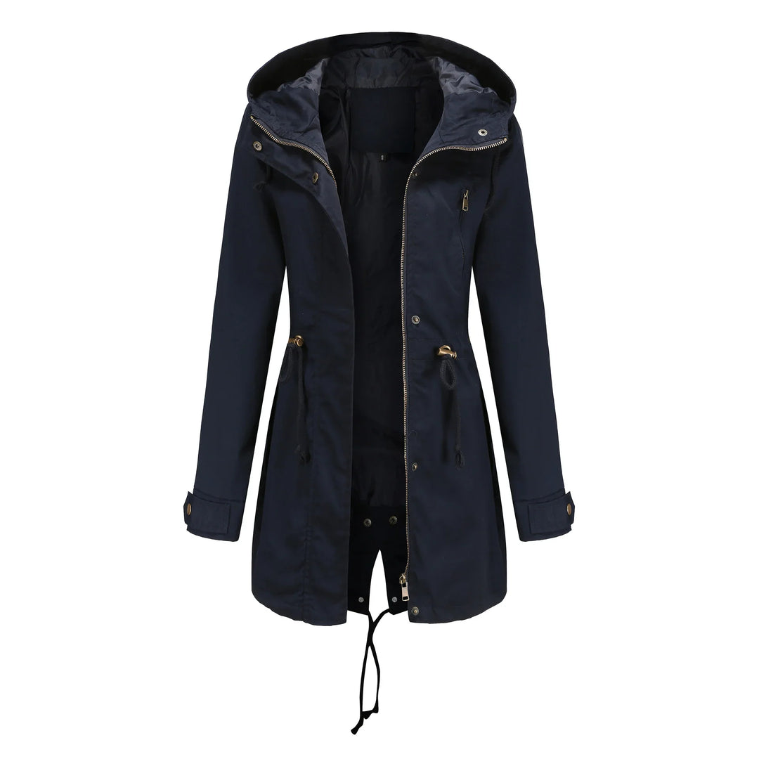 Navy blue women's hooded jacket with front zipper, drawstring waist, and snap button cuffs