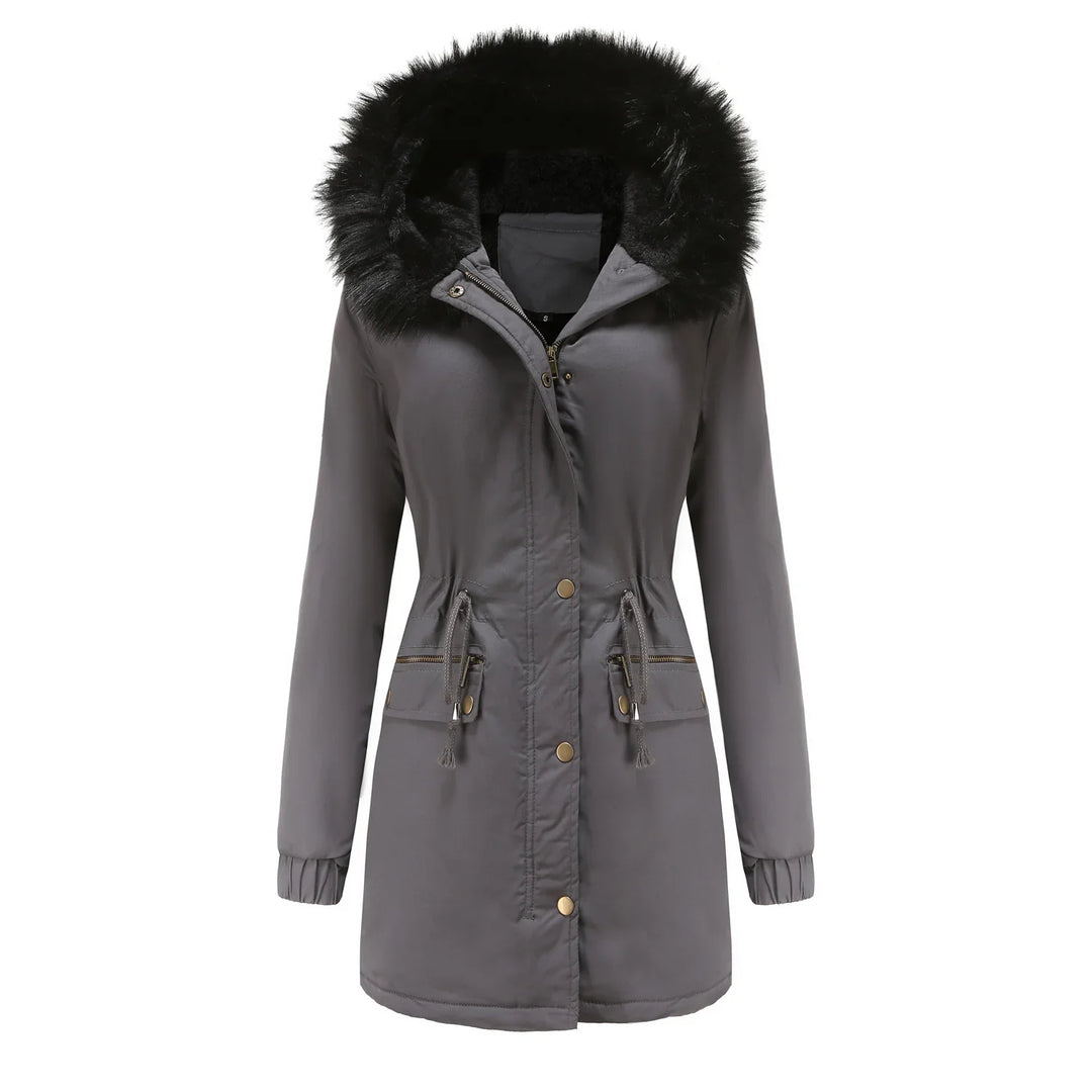 Women's gray winter parka jacket with black faux fur hood, front zip, snap buttons, and drawstring waist