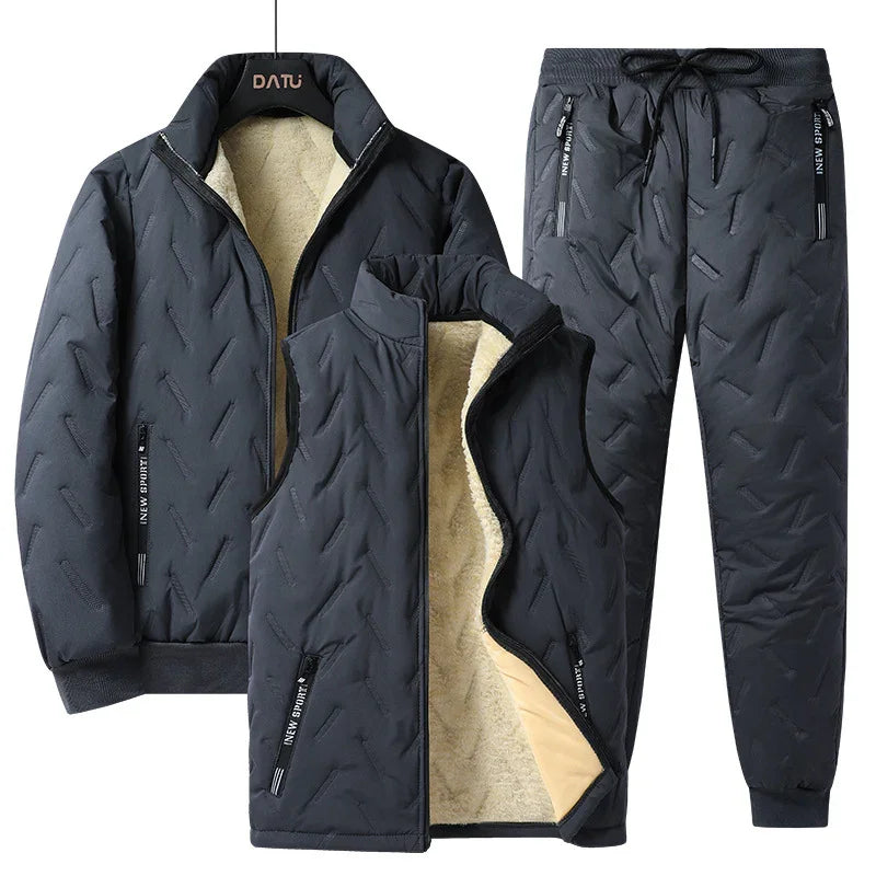 Black quilted three-piece winter tracksuit with fleece-lined jacket, vest, and jogger pants