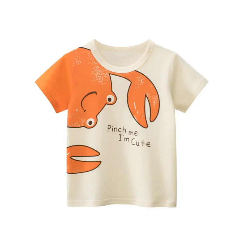 Cream toddler t-shirt with a large orange crab graphic and text saying Pinch me I'm Cute