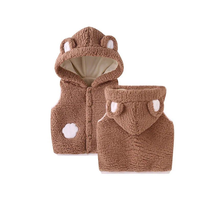 Brown toddler fleece hooded vest with bear ears and paw print detail, front and back view