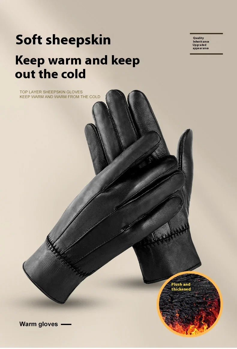 Black soft sheepskin gloves with warm, plush, and thickened lining on beige background