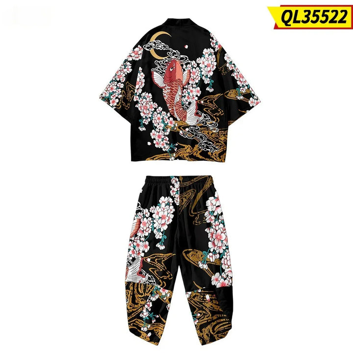Black two-piece set with red koi fish and pink cherry blossom print, Asian-inspired casual outfit