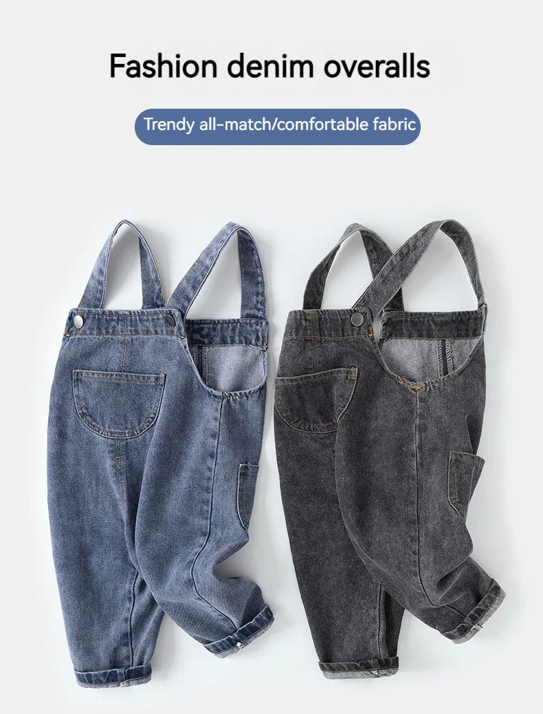 Two pairs of fashion denim overalls in blue and black with front pocket and adjustable straps