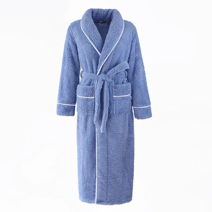 Cozy blue fleece bathrobe with shawl collar, white piping, front pockets, and waist tie