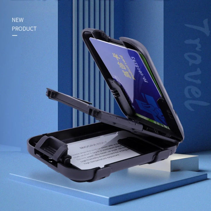 Black hard cardholder wallet open with multiple cards inside on blue geometric background