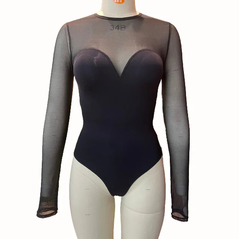 Black long sleeve sheer mesh bodysuit with sweetheart neckline on mannequin