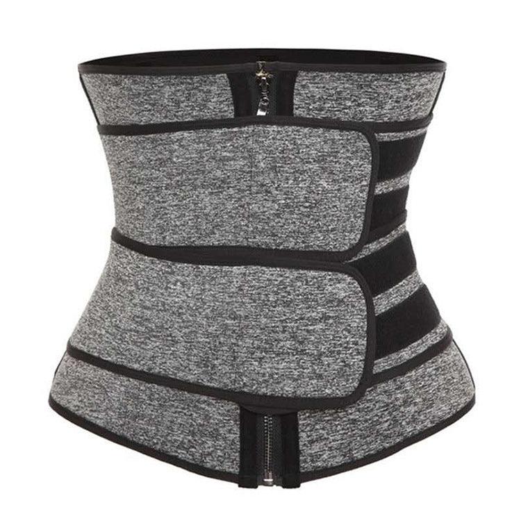 Grey and black waist trainer with zipper and adjustable velcro straps for slimming and support
