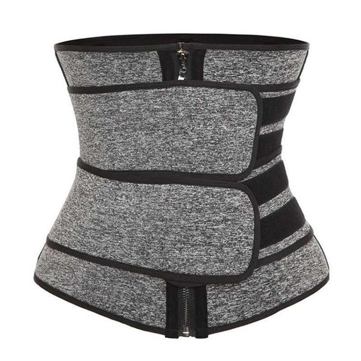 Grey and black waist trainer with zipper and adjustable velcro straps for slimming and support