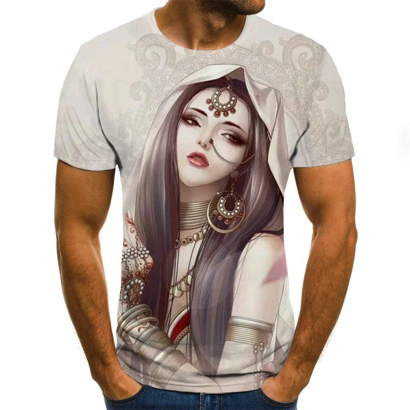 Men's white t-shirt featuring artistic design of a woman with long hair and traditional jewelry