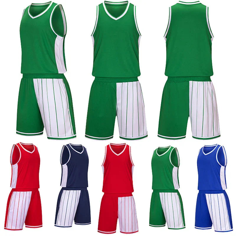 Assorted men's basketball jerseys and shorts in green, red, blue, and navy with stripes