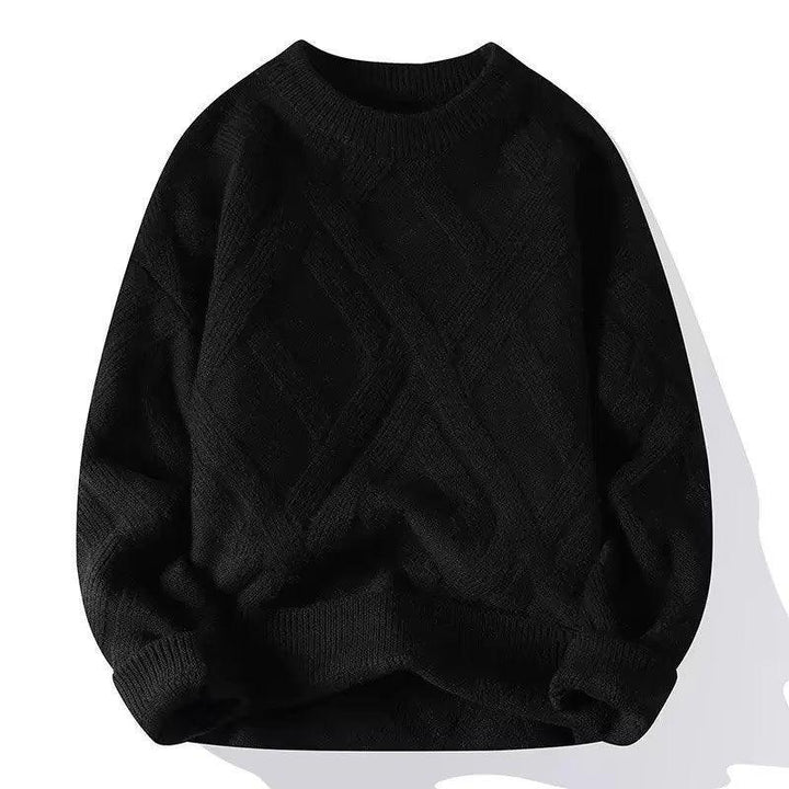 Black textured knit sweater with ribbed cuffs, hem, and neckline on white background