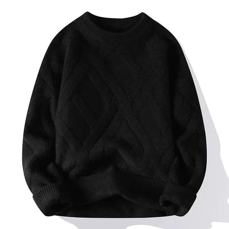 Black textured crewneck sweater with diamond knit pattern and ribbed cuffs and hem
