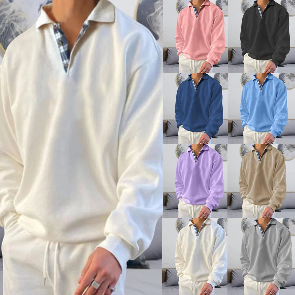 Men's casual long sleeve polo shirts with plaid collar in multiple colors, styled with white pants indoors
