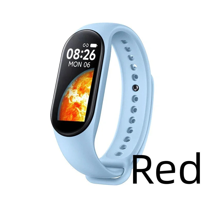Light blue fitness tracker with colorful planet display, time and date on screen