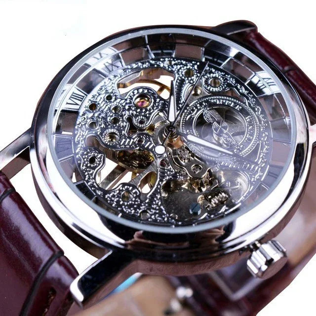 Close-up of a luxury skeleton mechanical wristwatch with visible gears and a brown leather strap