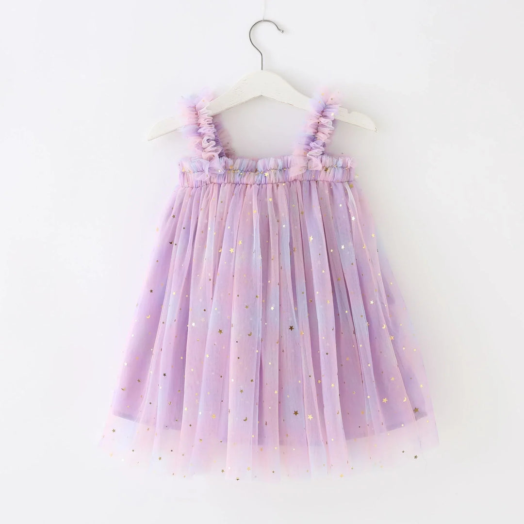 Children's lavender tulle dress with ruffled straps and gold star prints on a white hanger